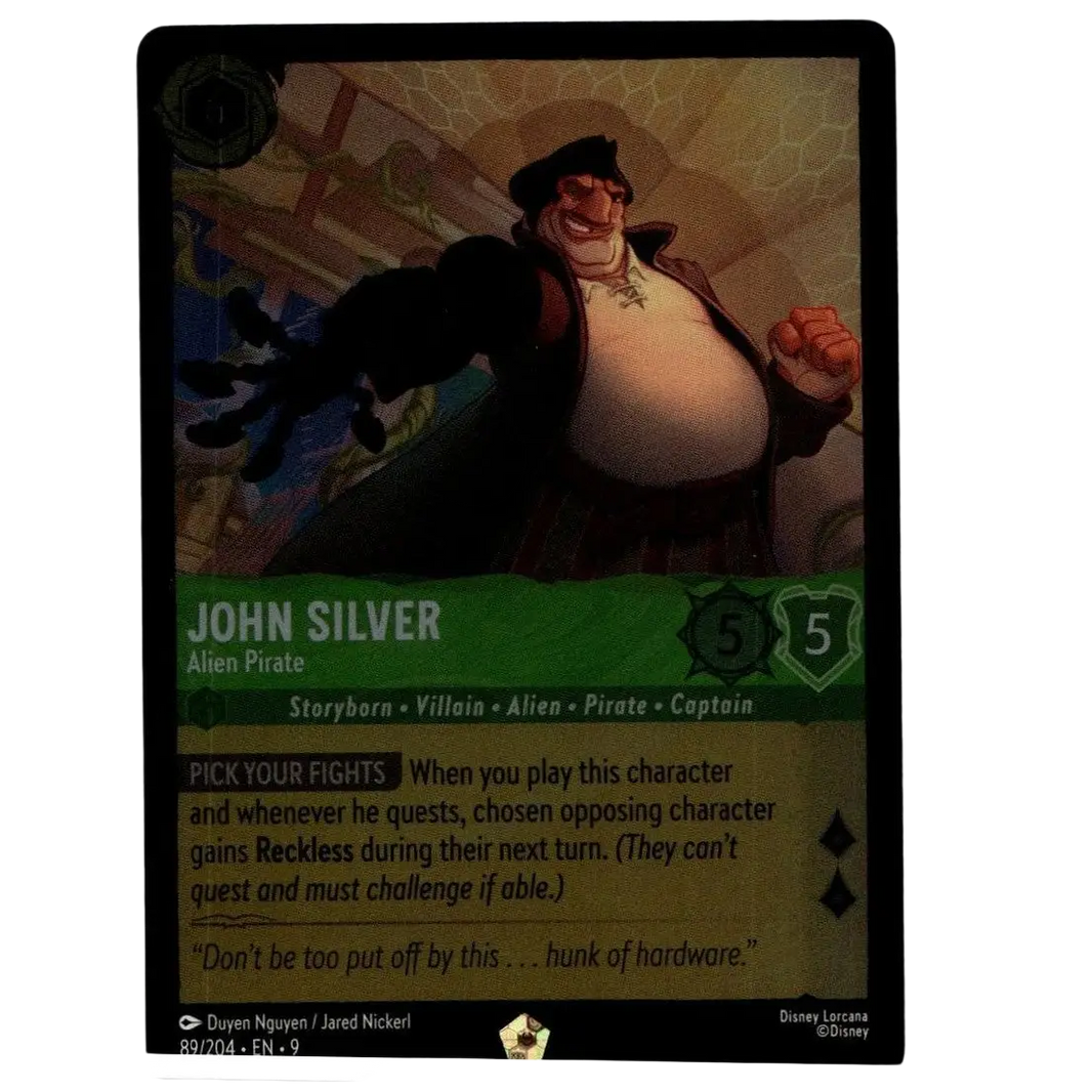 Disney Lorcana John Silver 89/204 foil trading card featuring alien pirate character artwork and collectible design