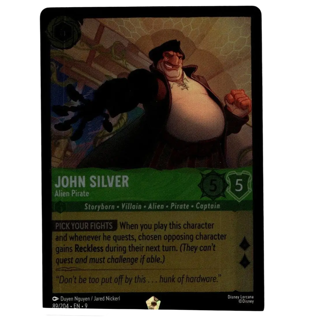 Disney Lorcana John Silver 89/204 foil trading card featuring alien pirate character artwork and collectible design