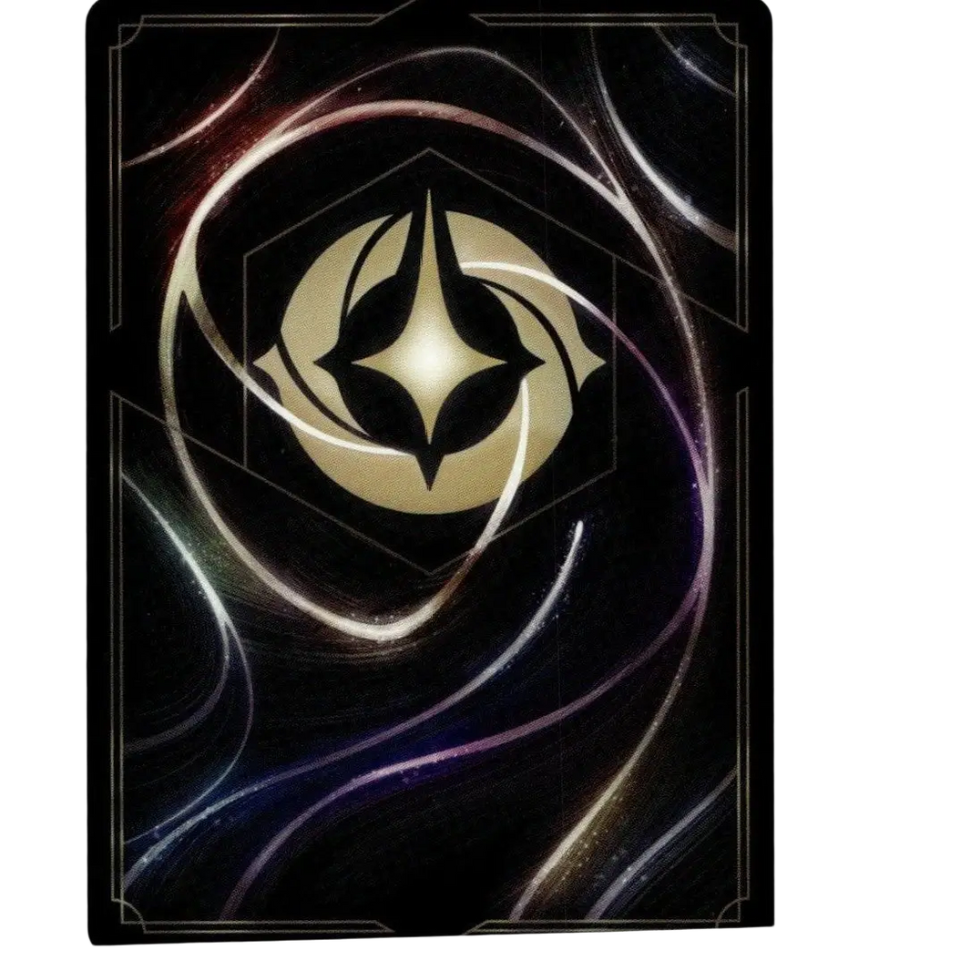 A sleek black disney lorcana john silver foil card featuring a glowing gold emblem with silver and purple energy patterns