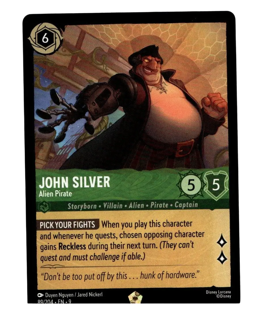 Disney lorcana john silver legendary regular trading card featuring a muscular alien pirate in black and red armor