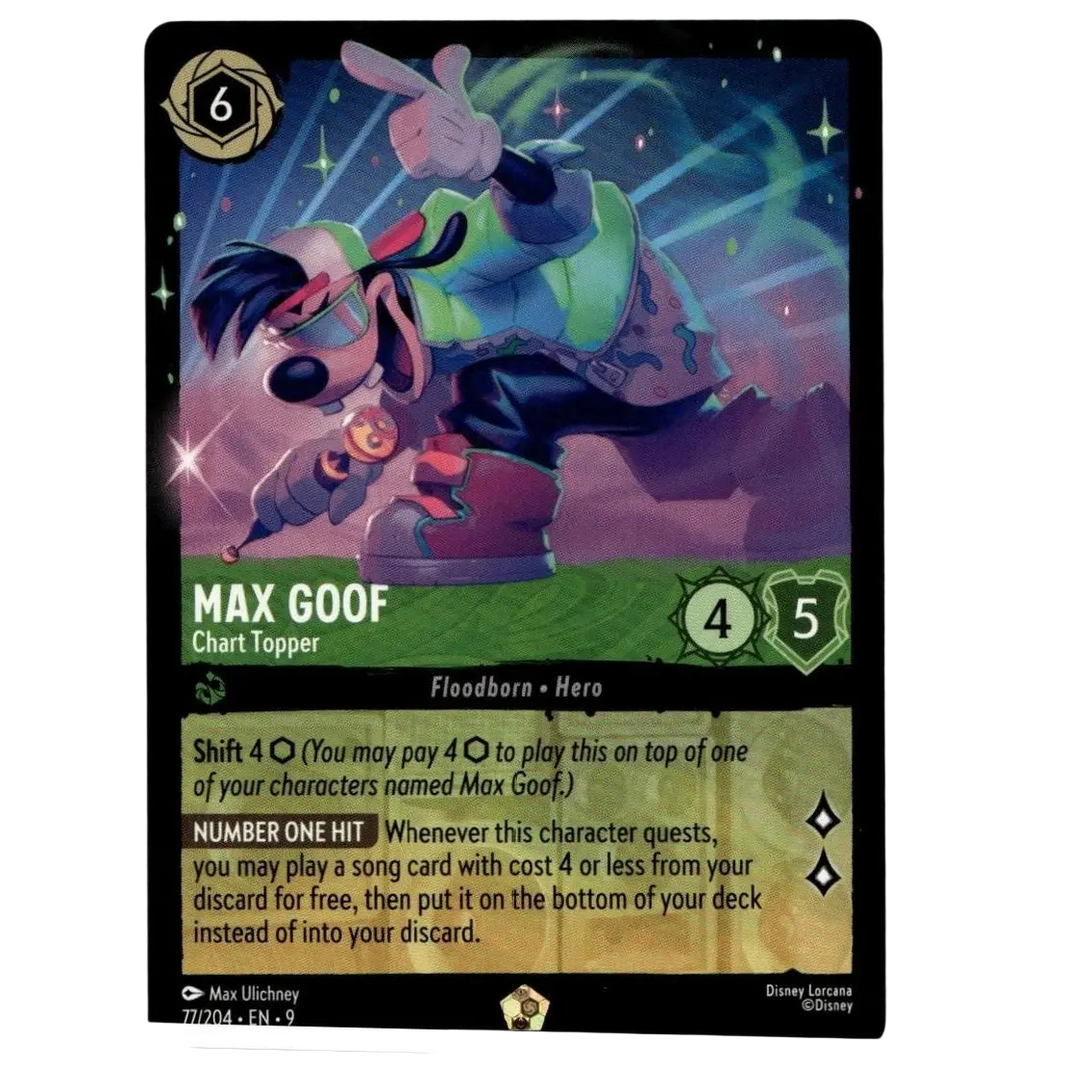 Disney lorcana max goof trading card featuring max goof in green and blue attire with red goggles 77 of 204 regular