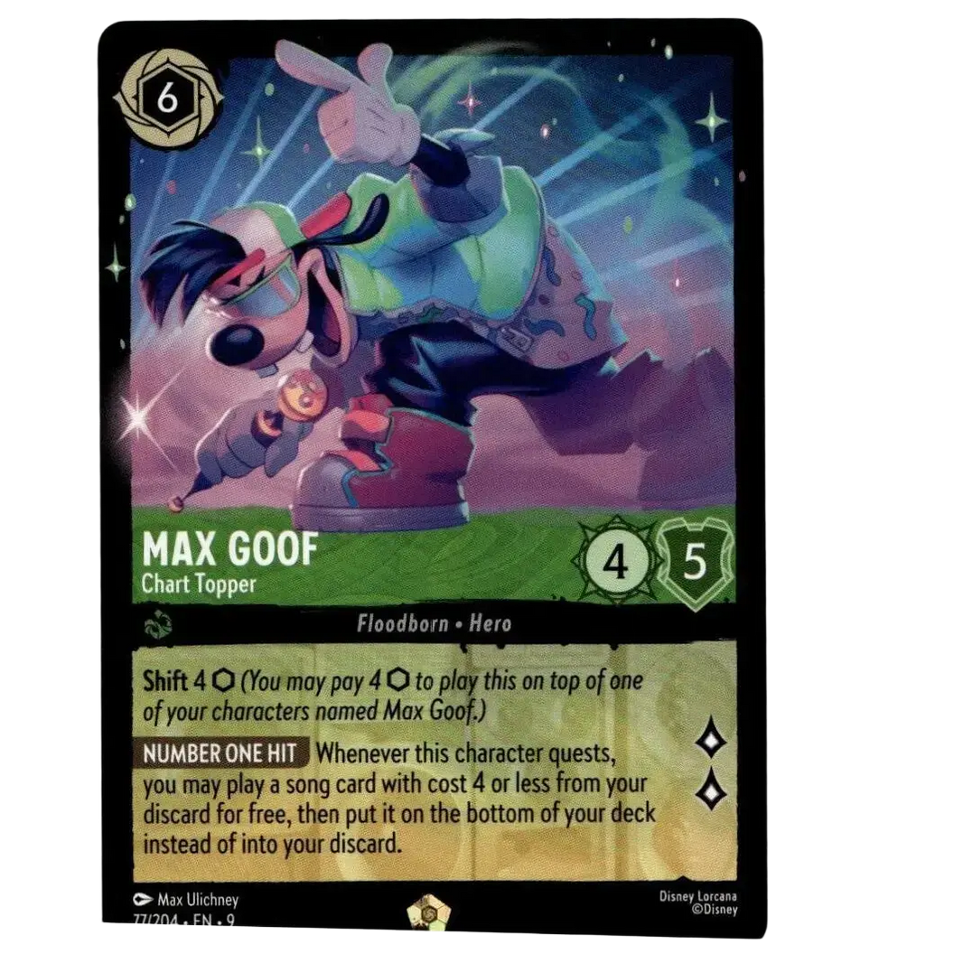 Disney lorcana max trading card featuring max goof in green and blue attire with red shoes chart topper 77/204 non foil
