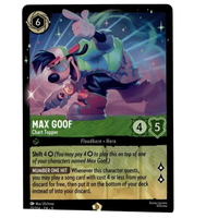 Disney lorcana max trading card featuring max goof in green and blue attire with red shoes chart topper 77/204 non foil