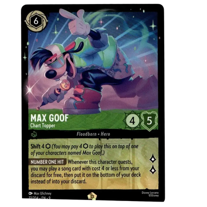 Disney lorcana max trading card featuring max goof in green and blue attire with red shoes chart topper 77/204 non foil