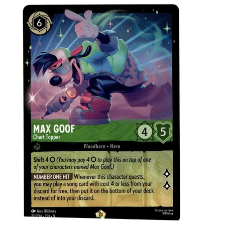 Disney lorcana max trading card featuring max goof in green and blue attire with red shoes chart topper 77/204 non foil