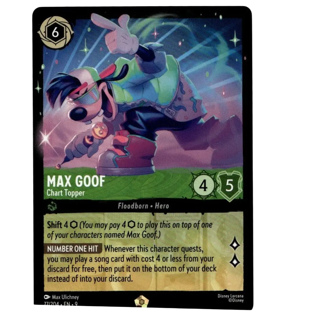 Disney Lorcana max trading card featuring Max Goof chart topper in green and blue attire with red shoes non foil