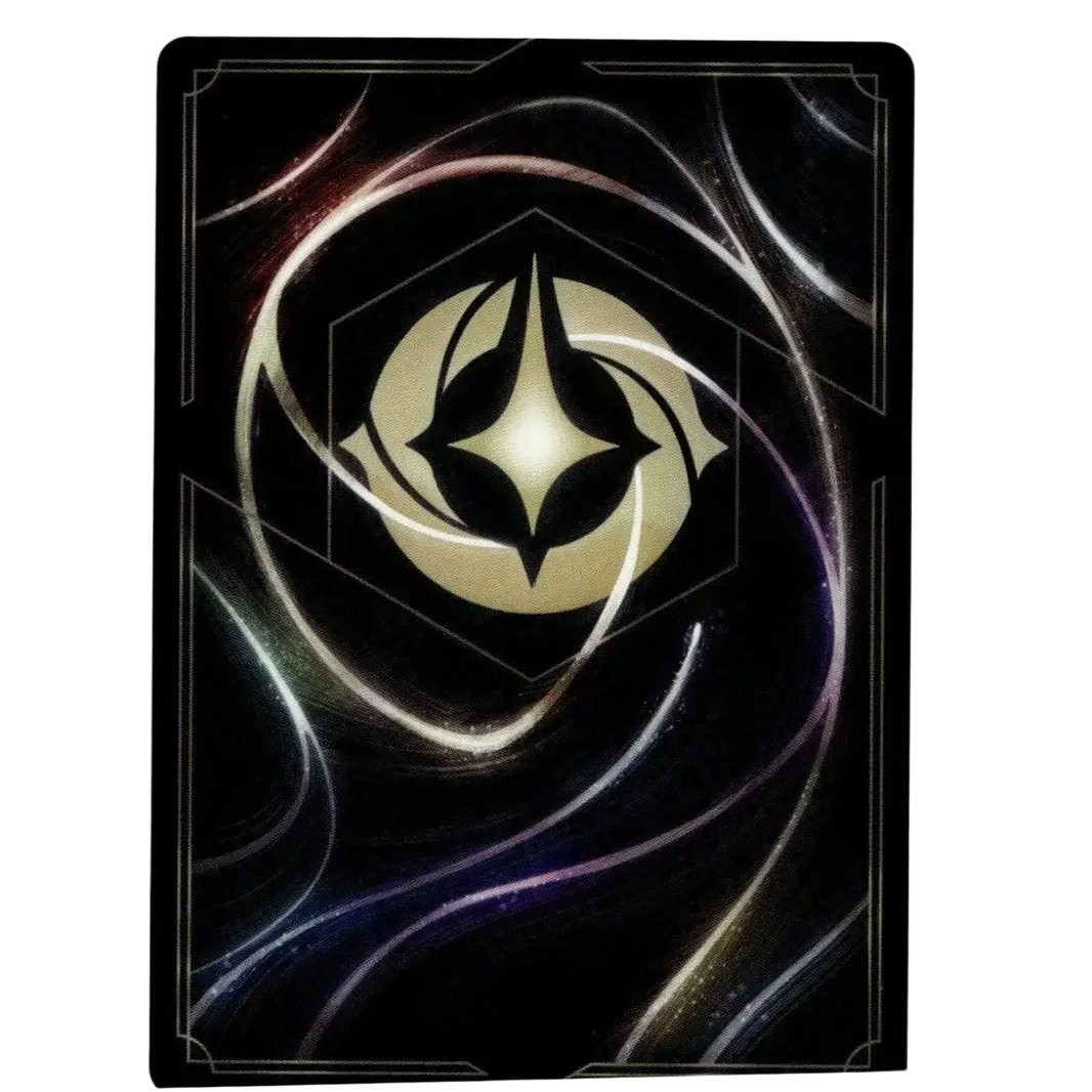 Black disney lorcana max card featuring a glowing gold emblem with swirling silver and purple patterns from max goof chart topper