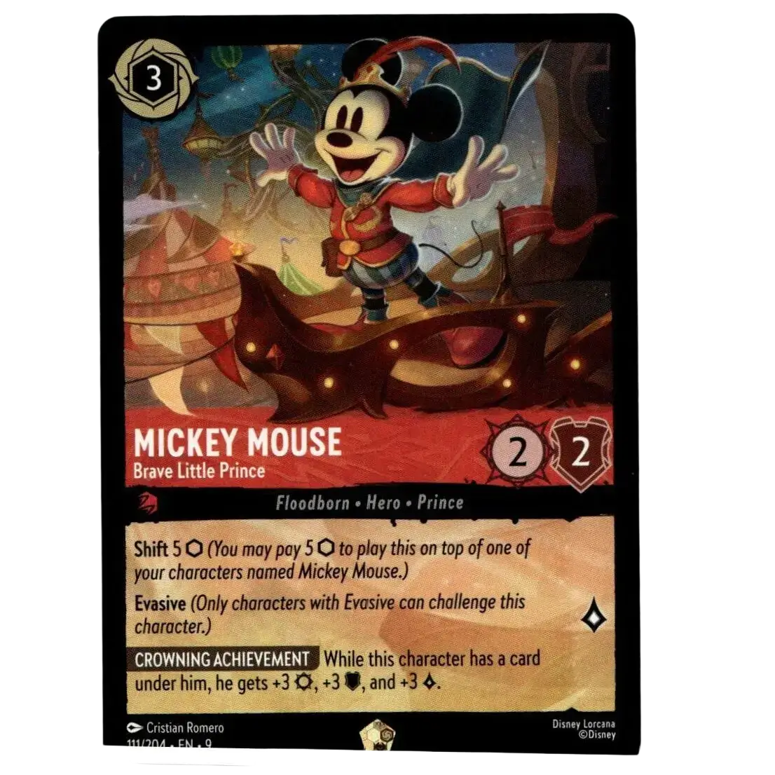 Mickey mouse brave trading card in red and gold festive outfit on dark wood structure from disney lorcana mouse brave set