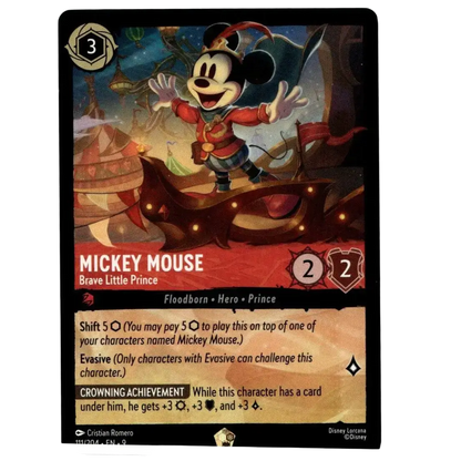 Mickey mouse brave trading card in red and gold festive outfit on dark wood structure from disney lorcana mouse brave set
