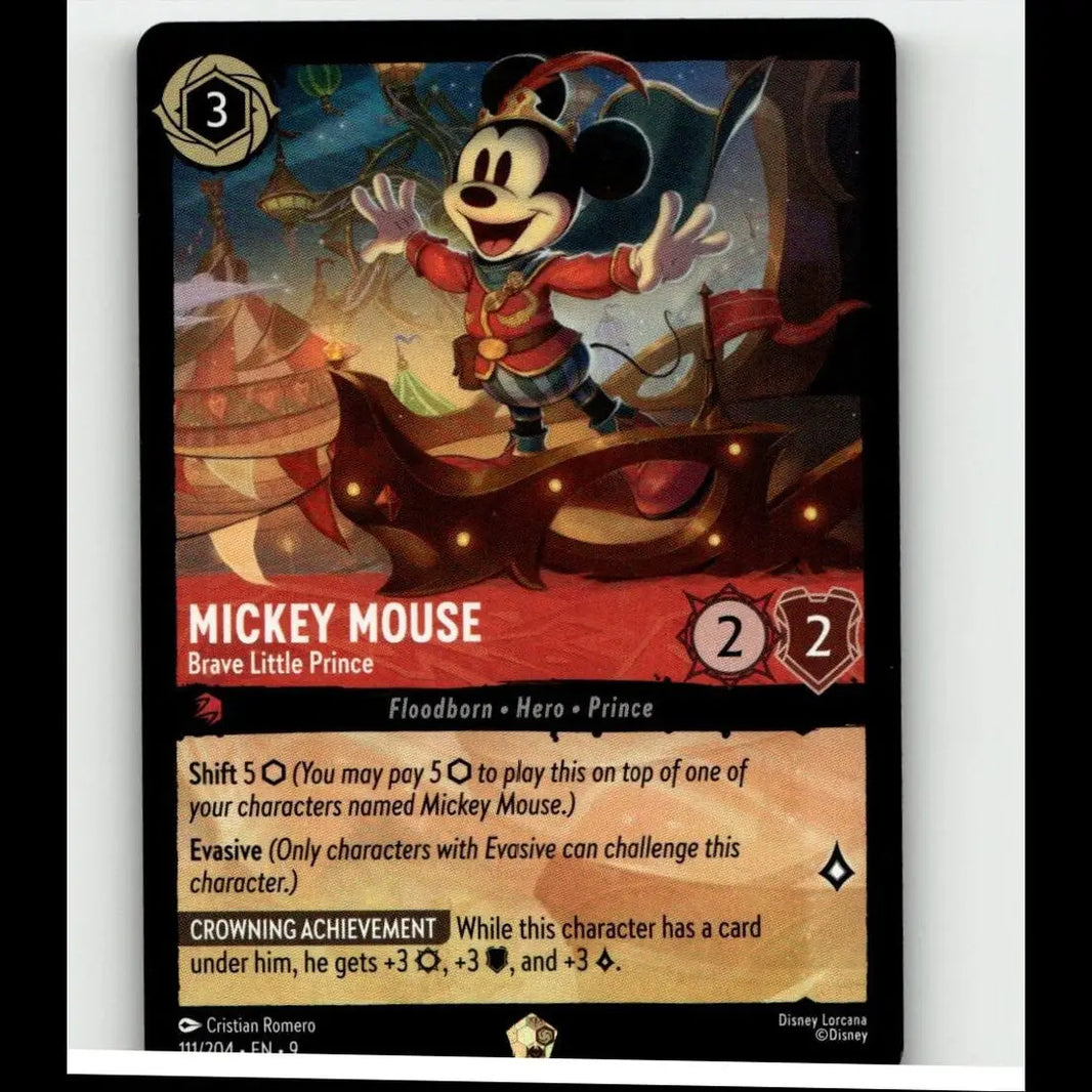 Disney lorcana mickey mouse brave trading card featuring mickey in red and gold outfit on dark wooden structure