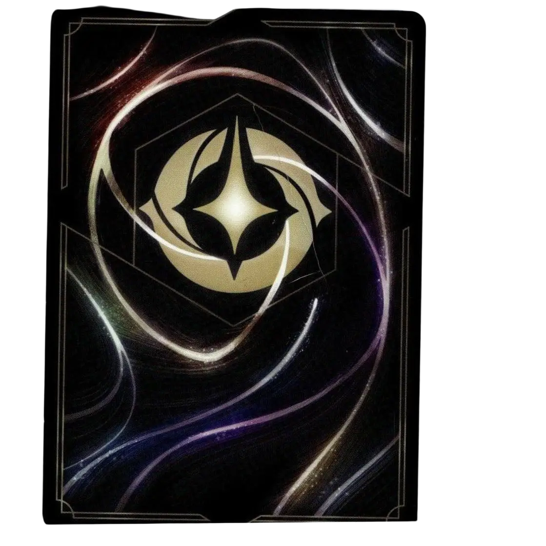 Black disney lorcana mickey card featuring a glowing gold emblem with swirling silver and purple patterns mouse brave design