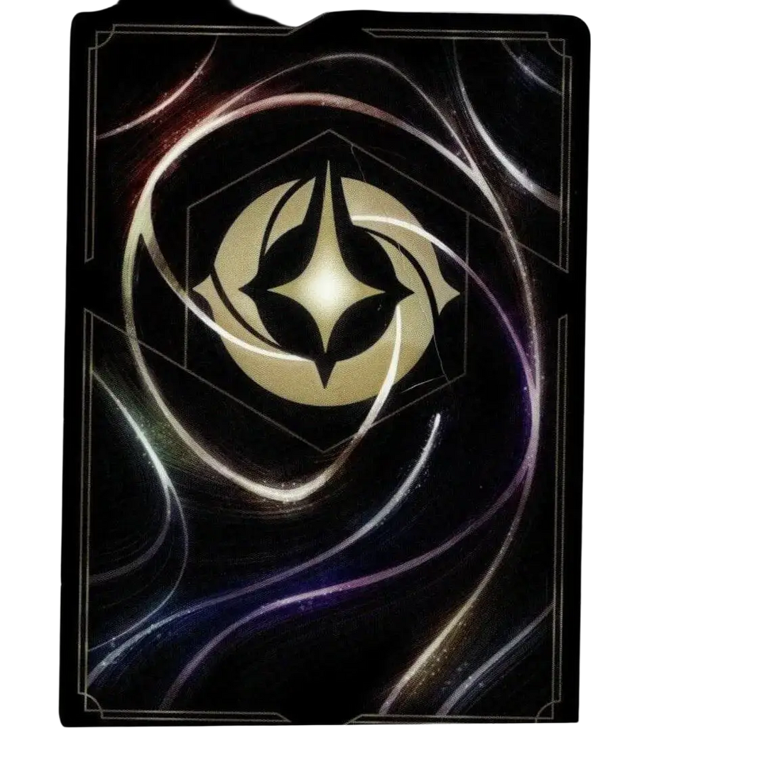 Black disney lorcana mickey card with glowing gold emblem and swirling silver purple patterns from mickey mouse brave set