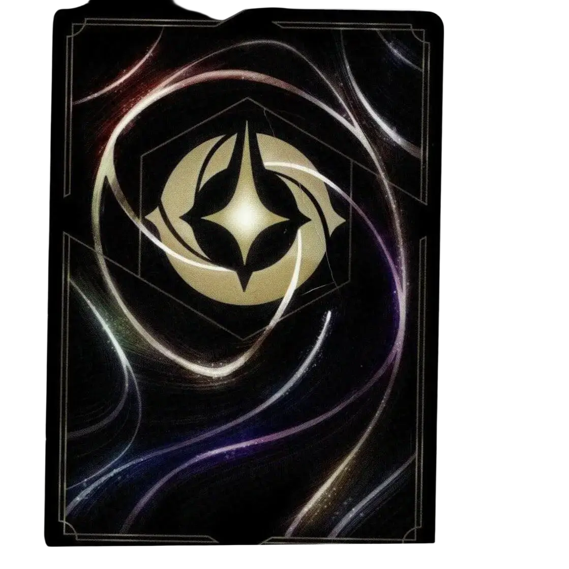 Black disney lorcana mickey card with glowing gold emblem and swirling silver purple patterns from mickey mouse brave set