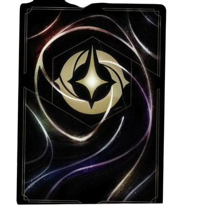 Black disney lorcana mickey card with glowing gold emblem and swirling silver purple patterns from mickey mouse brave set