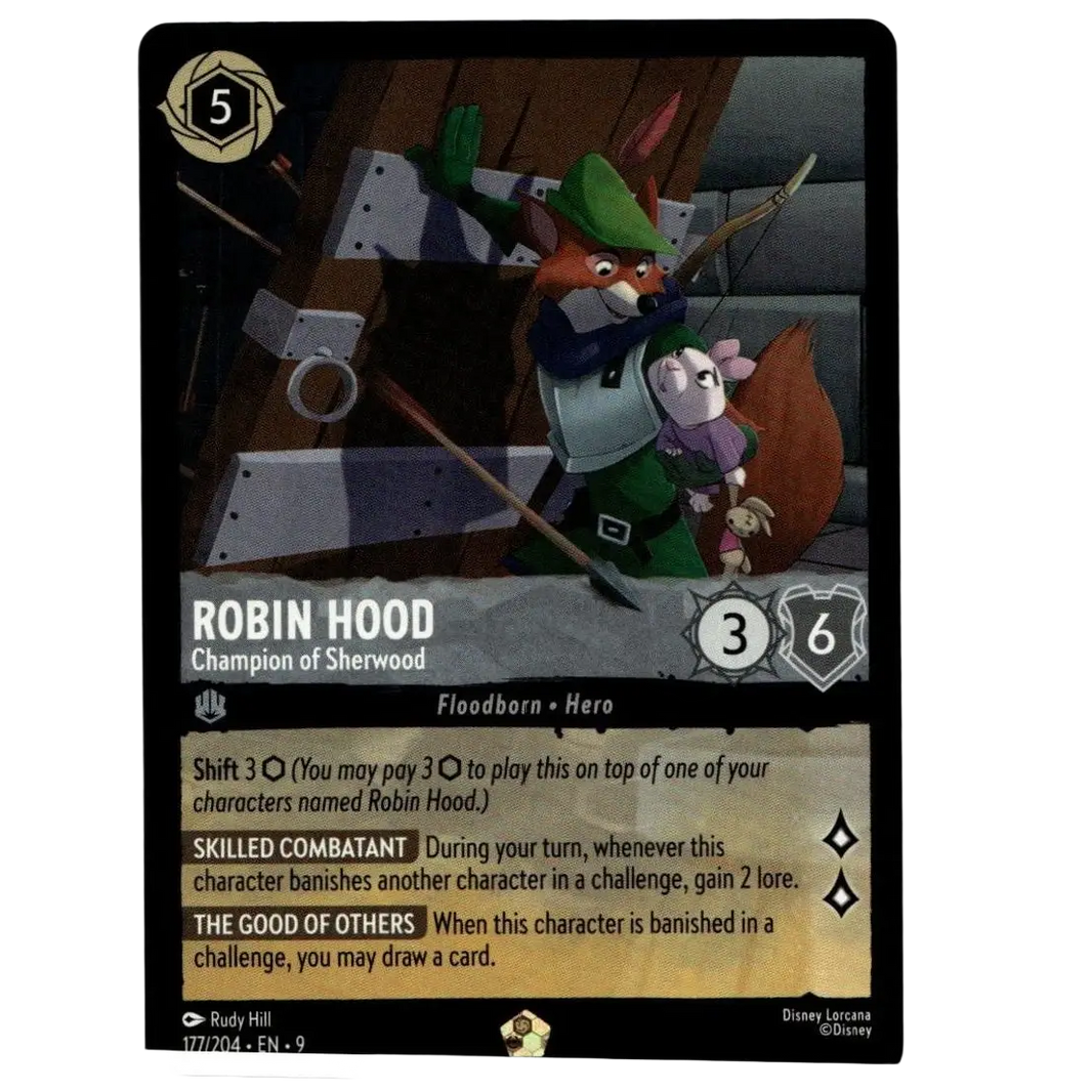 Disney Lorcana Robin Hood trading card featuring a green-hatted fox archer in silver armor with two small companions