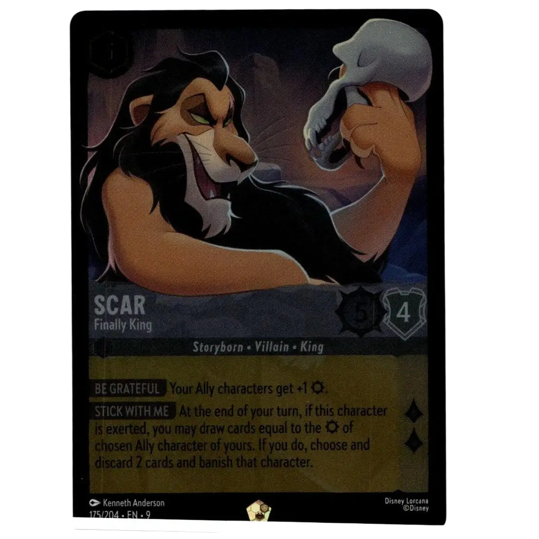 Disney lorcana scar 175/204 trading card featuring scar with dark mane and black-and-white fur holding a skull