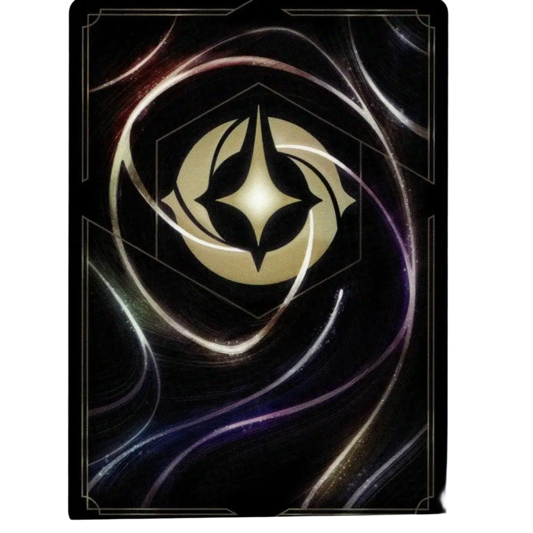 Black disney lorcana scar card featuring a glowing gold emblem with swirling silver and purple energy patterns