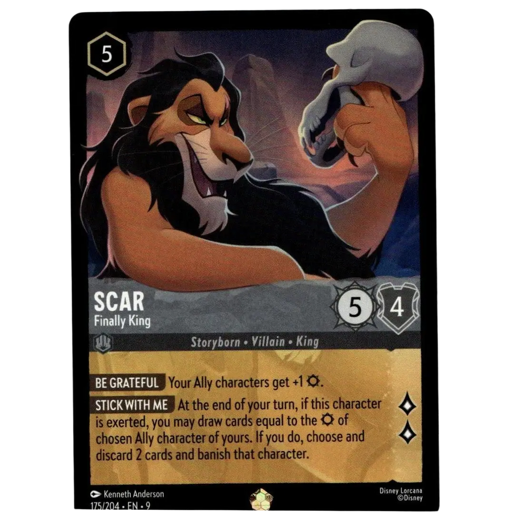 Disney lorcana scar trading card featuring a muscular black and tan lion holding up his skull from the lion king