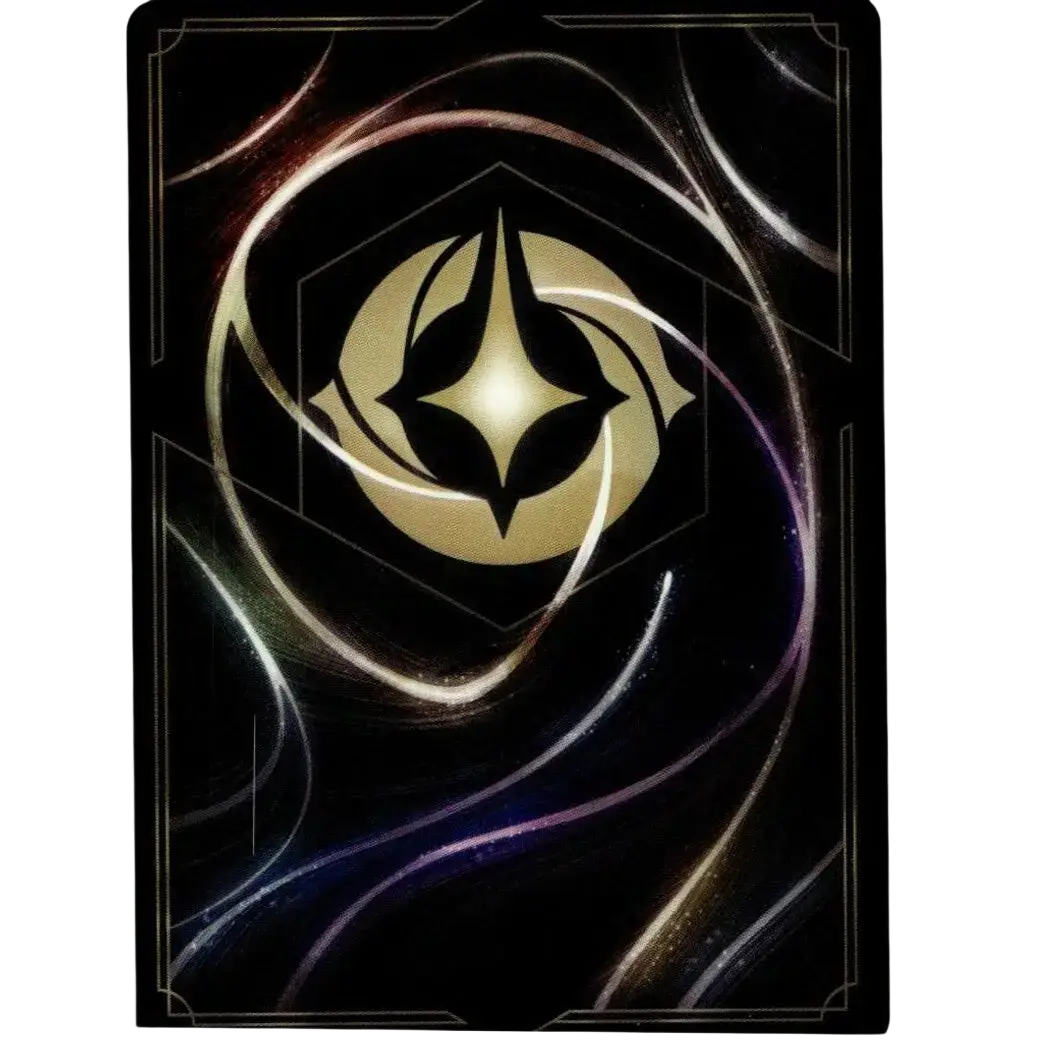 A sleek black card featuring a glowing gold emblem with swirling silver and purple energy patterns.