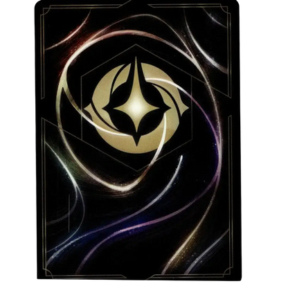 A sleek black card featuring a glowing gold emblem with swirling silver and purple energy patterns.