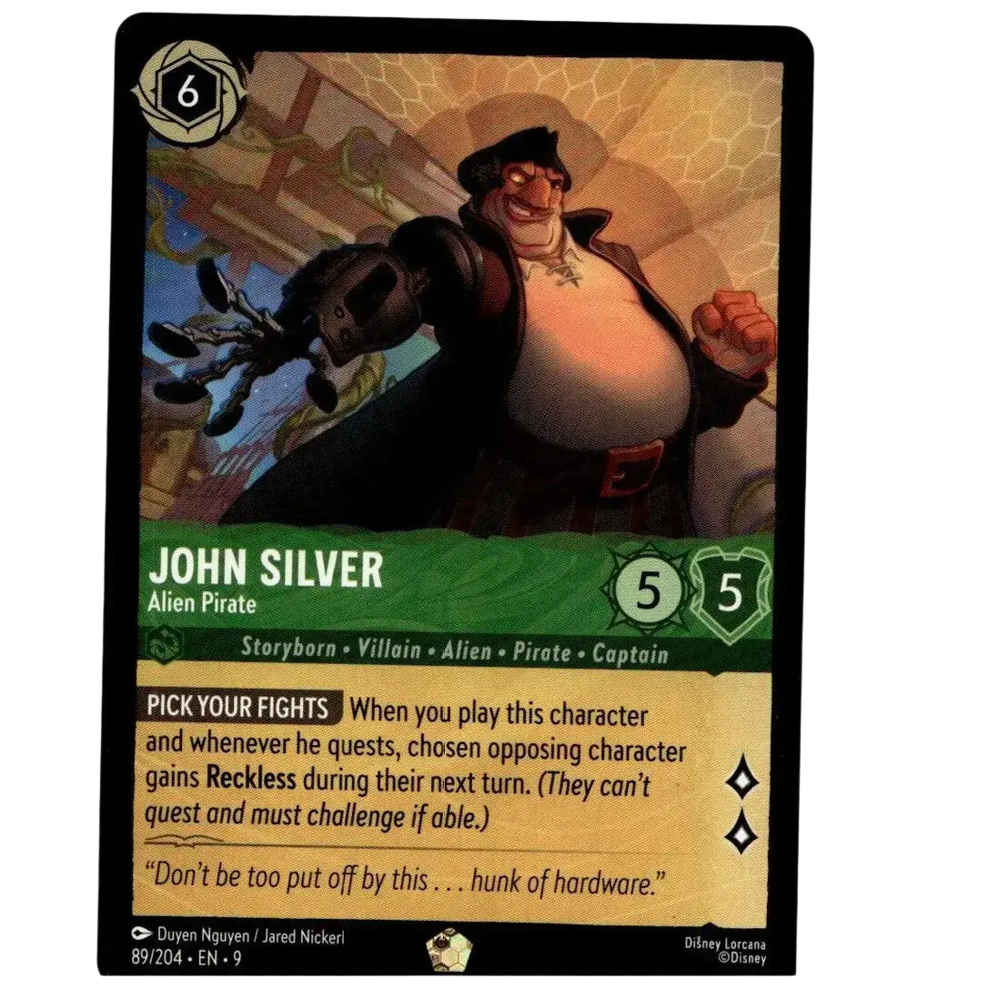 A disney lorcana tcg john silver card featuring an alien pirate legendary non foil in near mint condition