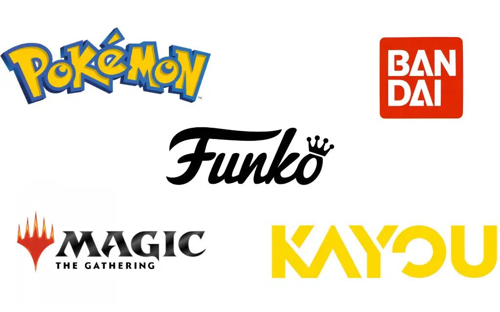 The image displays a collection of five distinct brand logos, including pokémon, funko, bandai, magic: the gathering, and kayou.