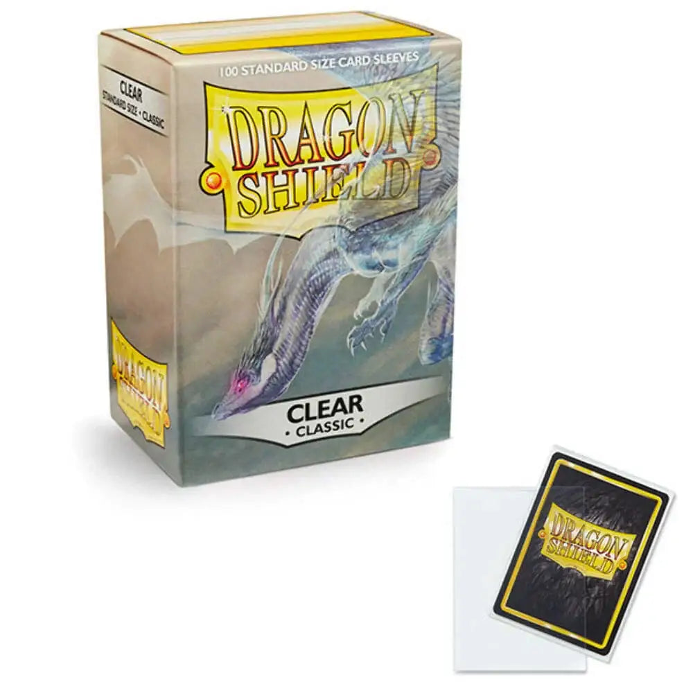 A box of clear card sleeves featuring a dragon design.