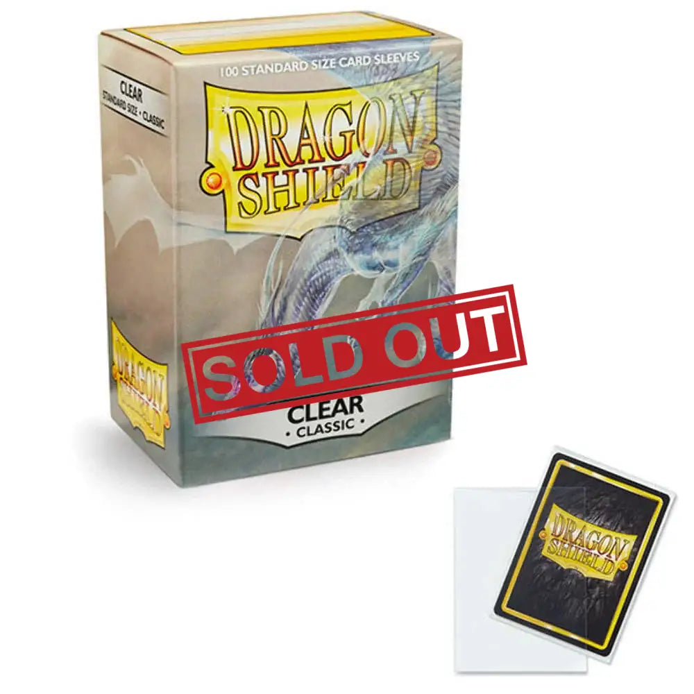 A box of clear card sleeves featuring a dragon design.