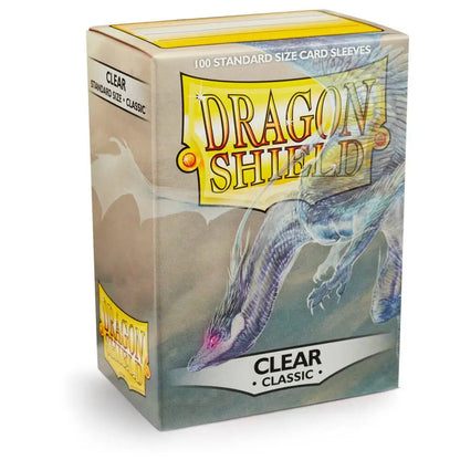 A box of 100 clear, standard-sized card sleeves for gaming.