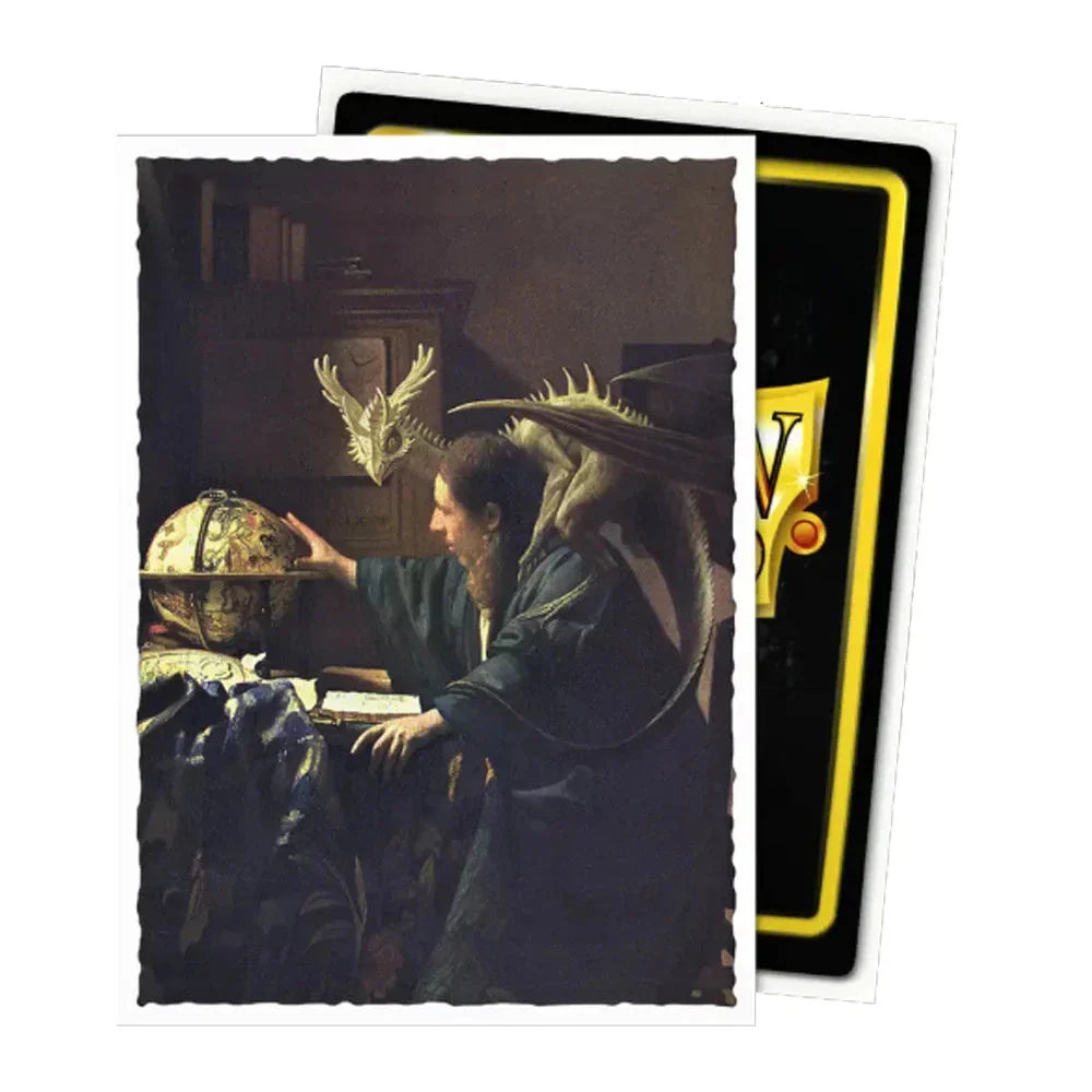 A rectangular card featuring a reproduction of the painting ’the dragon and the globe’ by rembrandt, with its characteristic dark tones and detailed depiction of a man interacting with an ornate globe.