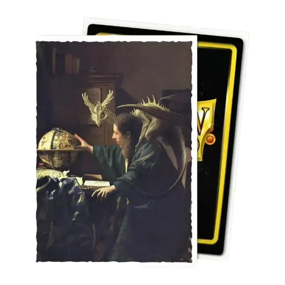 A rectangular card featuring a reproduction of the painting ’the dragon and the globe’ by rembrandt, with its characteristic dark tones and detailed depiction of a man interacting with an ornate globe.
