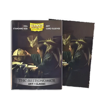 Dragon shield ’the astronomer’ art card sleeves, featuring a dark-toned illustration of an astronomer with dragon-like wings and a globe.
