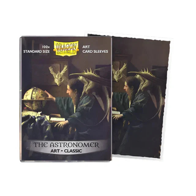 Dragon shield ’the astronomer’ art card sleeves, featuring a dark-toned illustration of an astronomer with dragon-like wings and a globe.