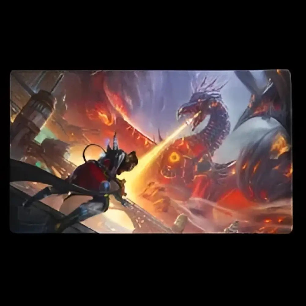 A fantasy art playmat featuring a dragon breathing fire at a warrior.