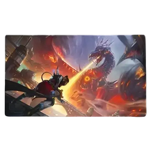 A fantasy art playmat featuring a dragon breathing fire at a warrior.