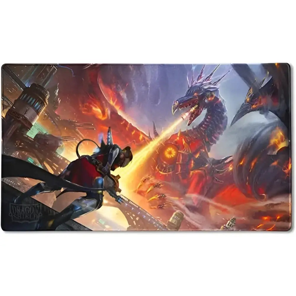 A vibrant fantasy playmat depicting a futuristic warrior battling a fire-breathing mechanical dragon.