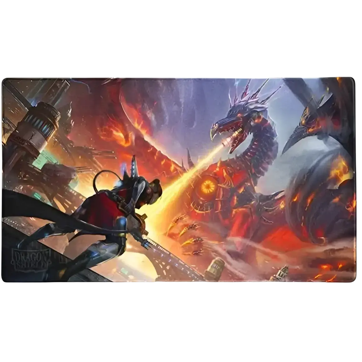 A vibrant fantasy playmat depicting a futuristic warrior battling a fire-breathing mechanical dragon.
