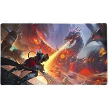 A vibrant fantasy playmat depicting a futuristic warrior battling a fire-breathing mechanical dragon.