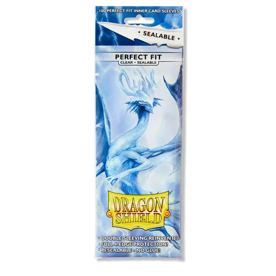 A pack of 100 clear, sealable dragon shield inner card sleeves featuring a blue ice dragon design.