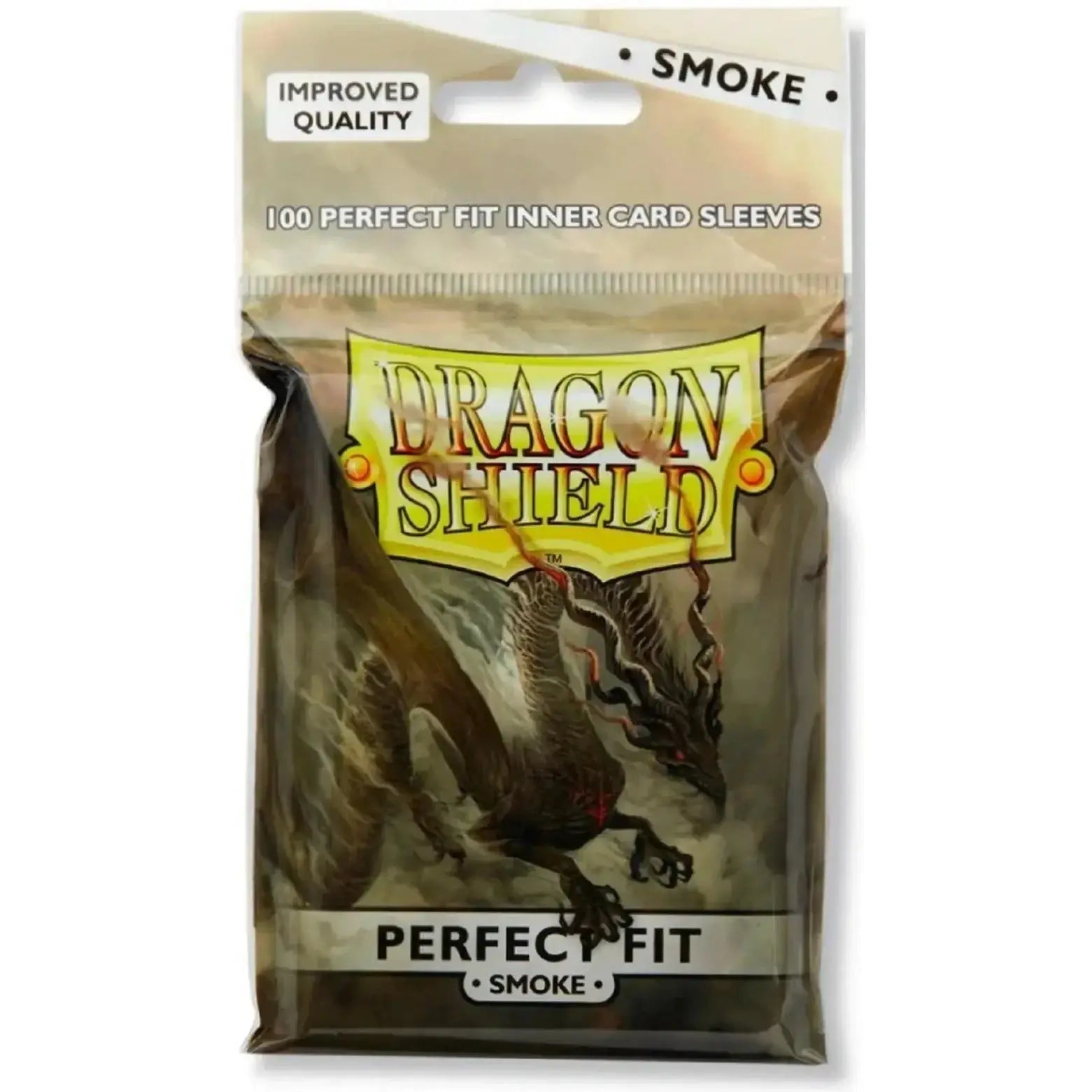 Dragon shield perfect fit smoke inner card sleeves in a clear plastic package with a dragon illustration.