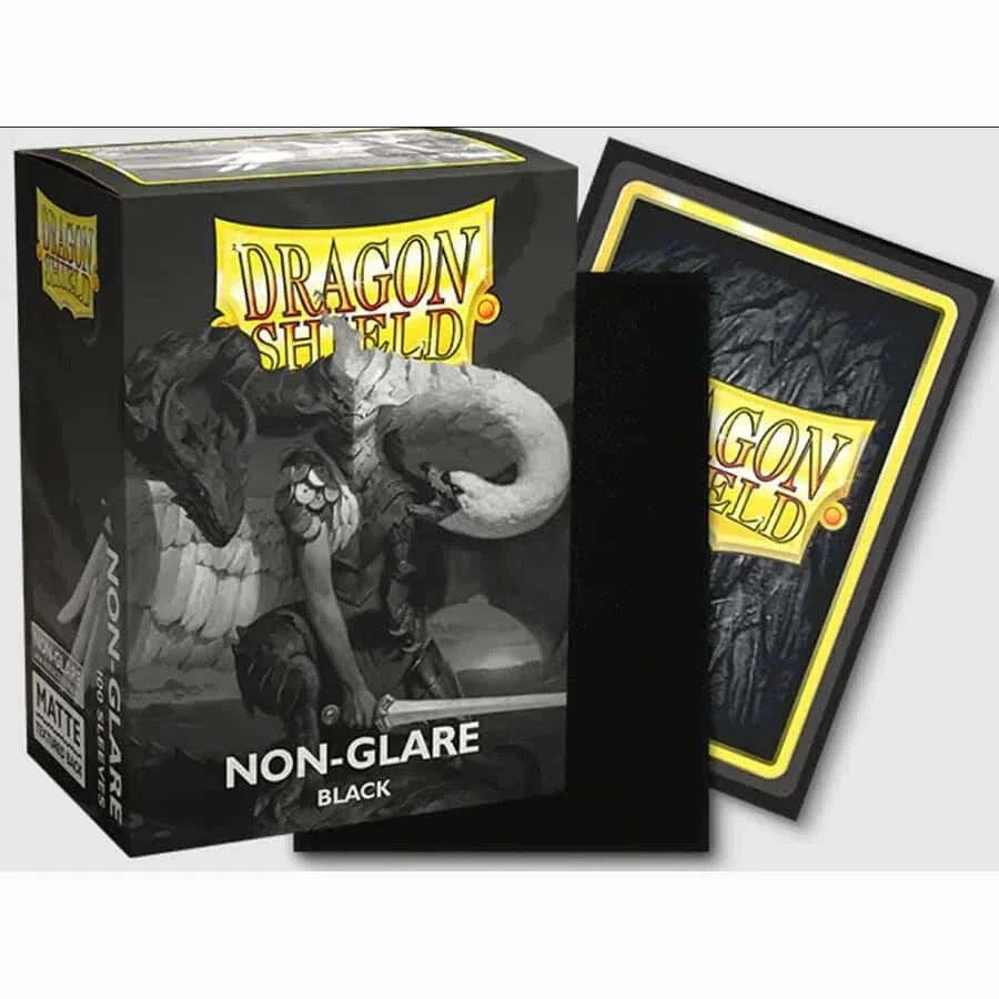 Black dragon shield non-glare card sleeves with a matte finish and yellow branding.