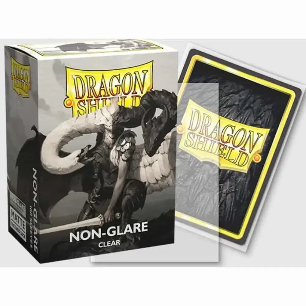 Box of Dragon Shield Non-Glare Clear card sleeves with a single sleeve displayed next to it.