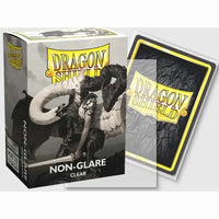 Box of Dragon Shield Non-Glare Clear card sleeves with a single sleeve displayed next to it.