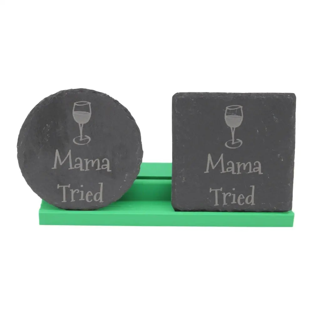 Slate coasters with wine glass design.