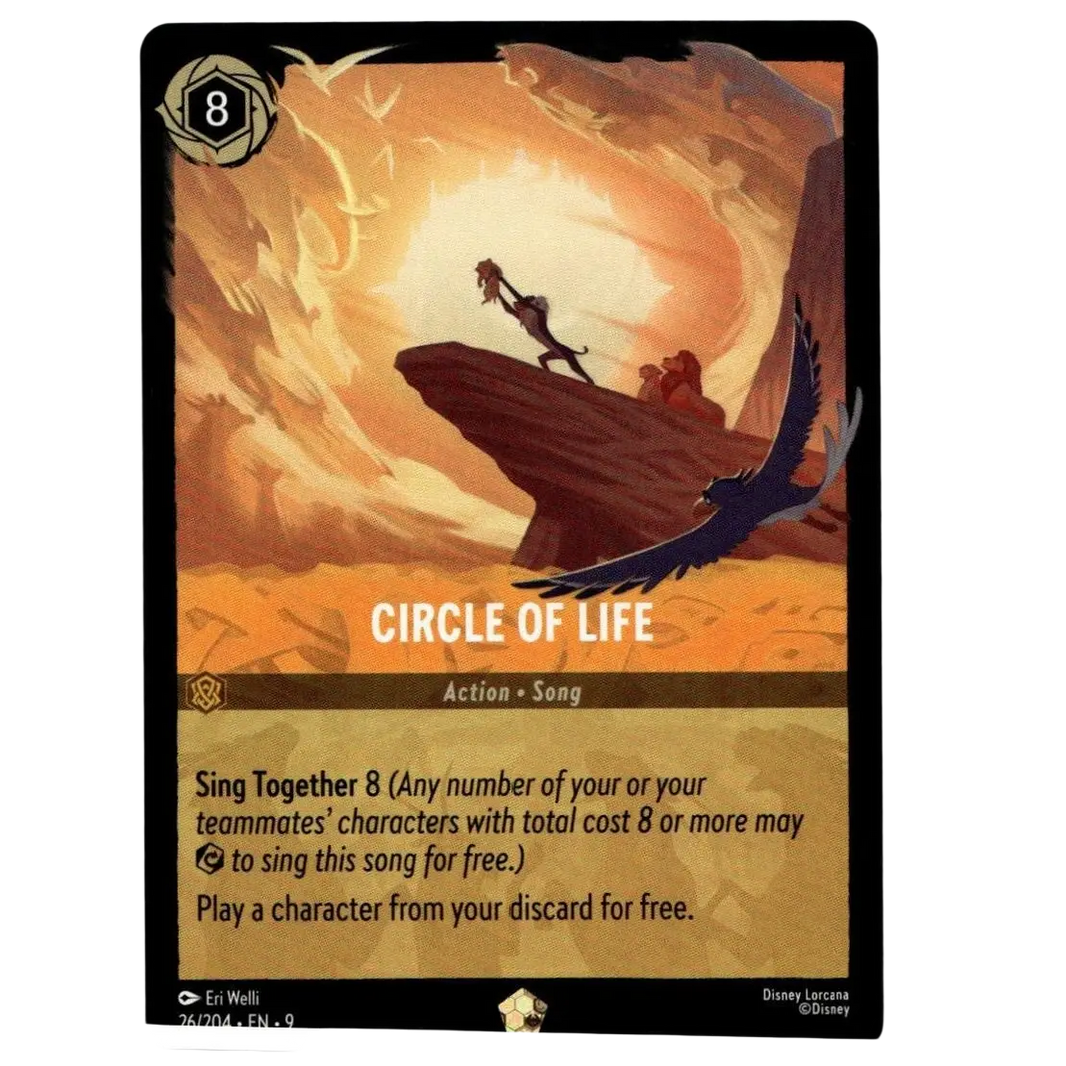 Disney lorcana fabled 26 204 circle of life foil card with vibrant orange brown action and toy figures of mufasa simba and eagle