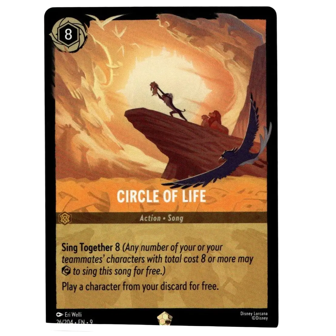 Disney lorcana fabled 26 204 circle of life foil card with vibrant orange brown action and toy figures of mufasa simba and eagle
