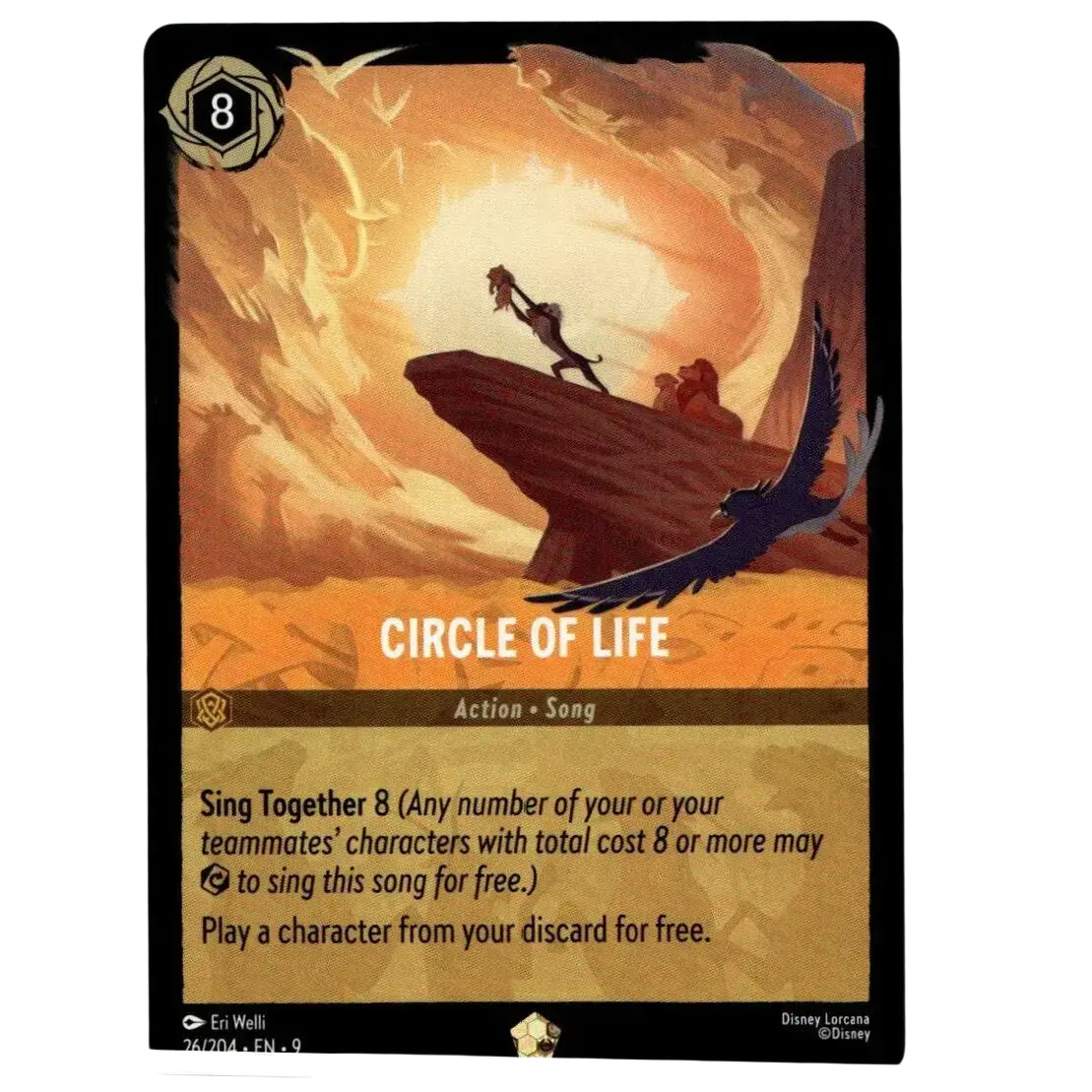 Disney Lorcana Fabled #26/204 Circle of Life foil card featuring Simba leaping from Pride Rock with Mufasa and an eagle in warm tones