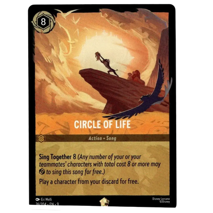 Fabled circle of life foil card featuring vibrant orange and brown illustration of mufasa simba and eagle in action