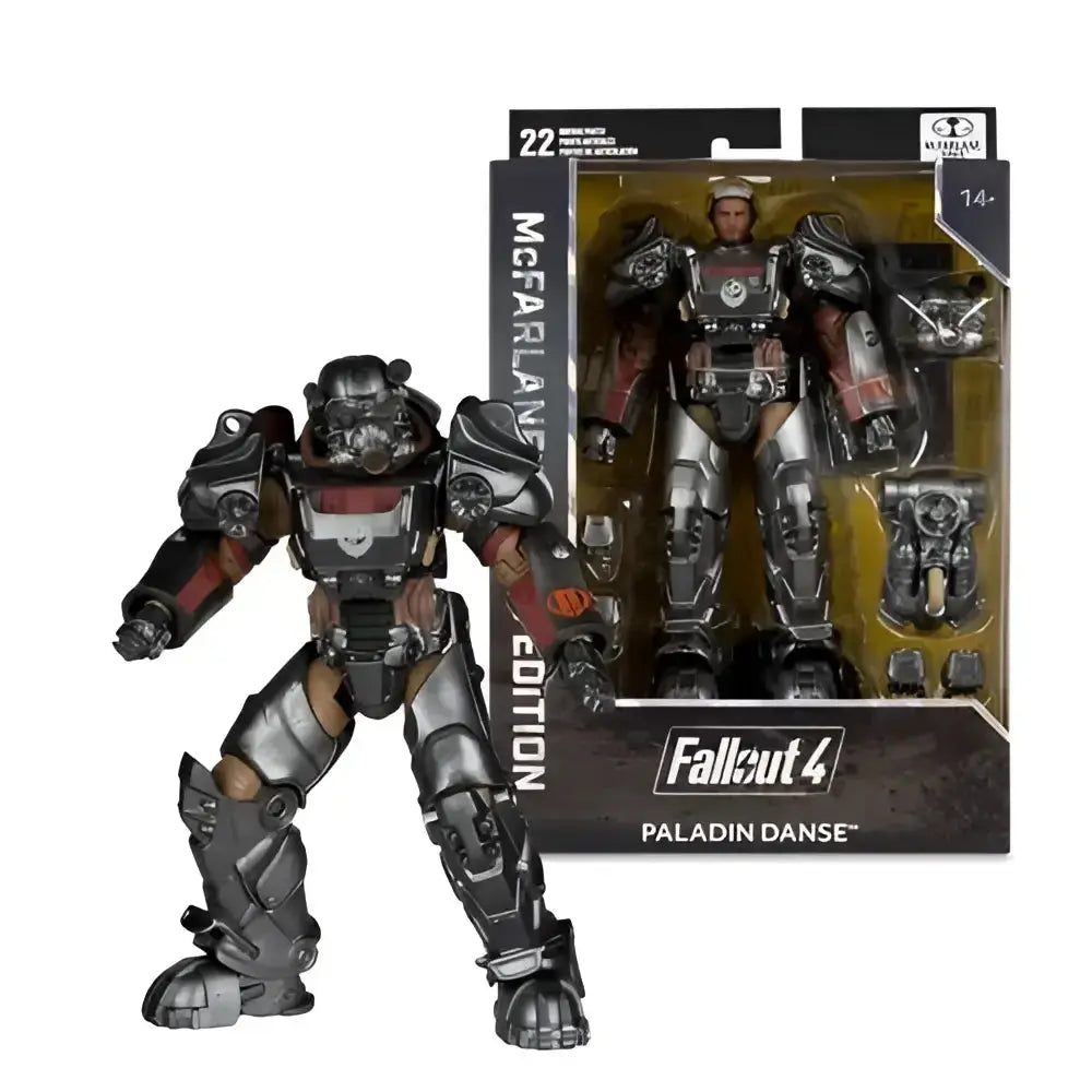 Fallout 4 t-60 paladin danse 7-inch scale posed action figure with detailed silver and red armor by mcfarlane gaming