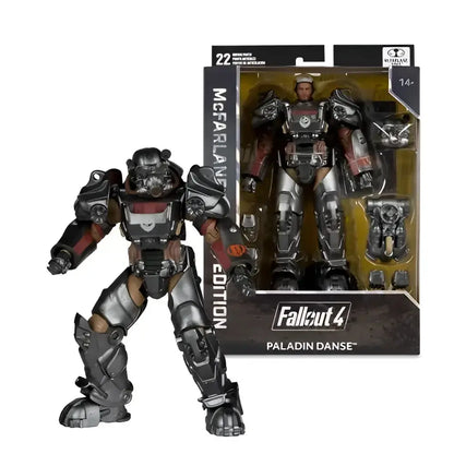 Fallout 4 t-60 paladin danse 7-inch scale posed action figure with detailed silver and red armor by mcfarlane gaming